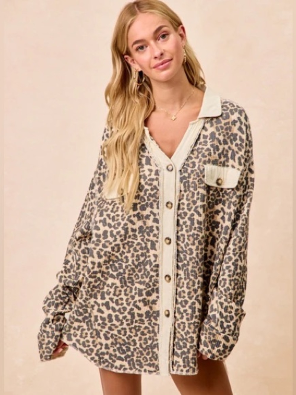 Bibi Oversized Leopard Print Button-Up Shacket in Beige and Black XL